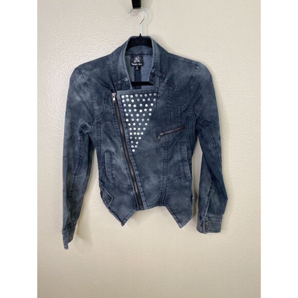 Double Zero Womens Denim Jacket S Asymmetrical Zip Studded Design Blue Moto - Picture 2 of 7
